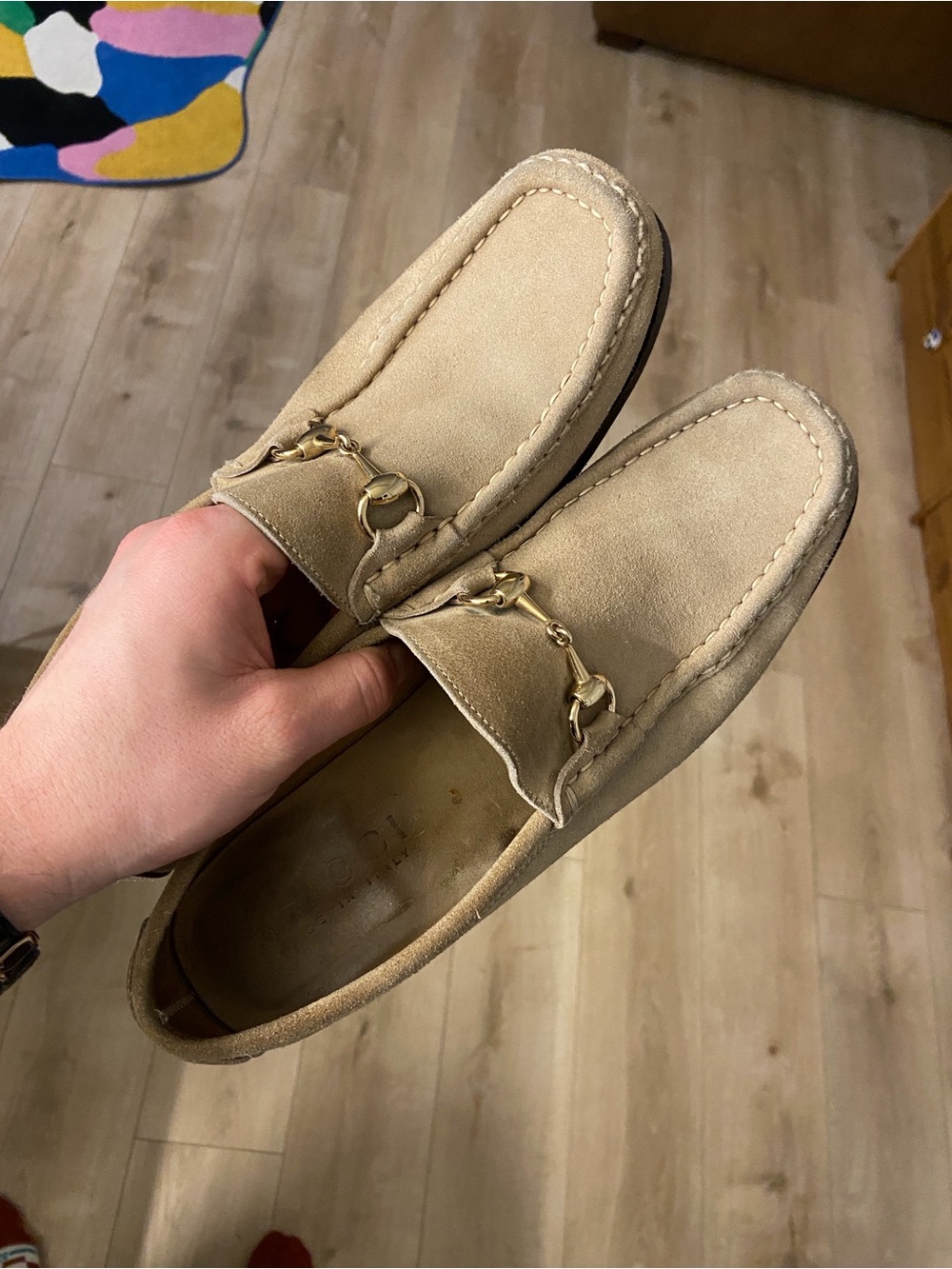 Gucci Men's Suede Horsebit Loafers in Beige